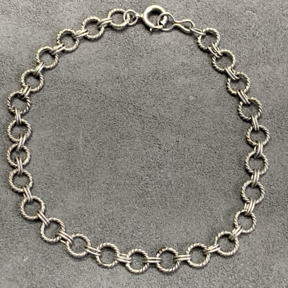 Vintage Sterling 925 Silver Charm Bracelet Oval Link Textured Chain 7.25”